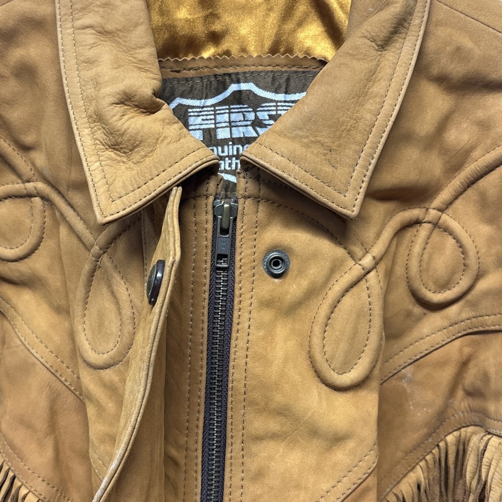 VTG 80s FIRST Western Fringe Cropped Moto Leather Jacket Womens Tan Quilted Med - Picture 5 of 9